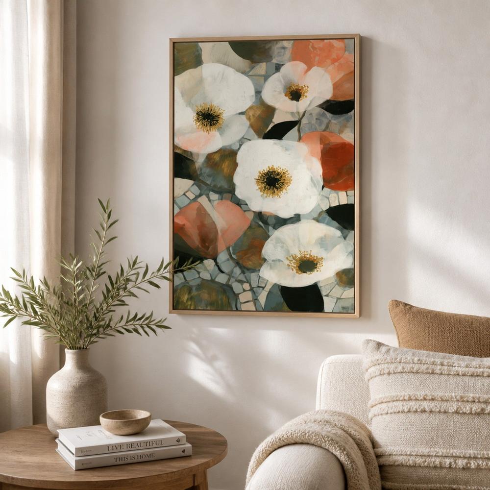 White Blooms on Mosaic Tile-by-Chromatic Storm Studio-wall-art-print-canvas-poster-framed-Gioia