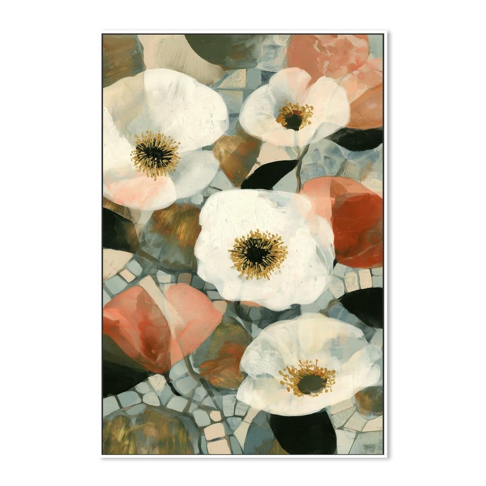 White Blooms on Mosaic Tile-by-Chromatic Storm Studio-wall-art-print-canvas-poster-framed-Gioia