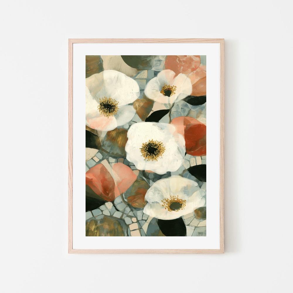 White Blooms on Mosaic Tile-by-Chromatic Storm Studio-wall-art-print-canvas-poster-framed-Gioia