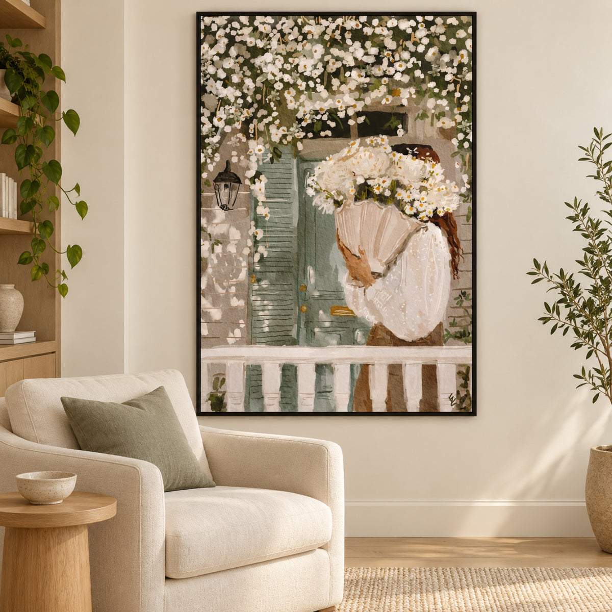 White Spring displayed in a black frame in a cream and sage reading corner.