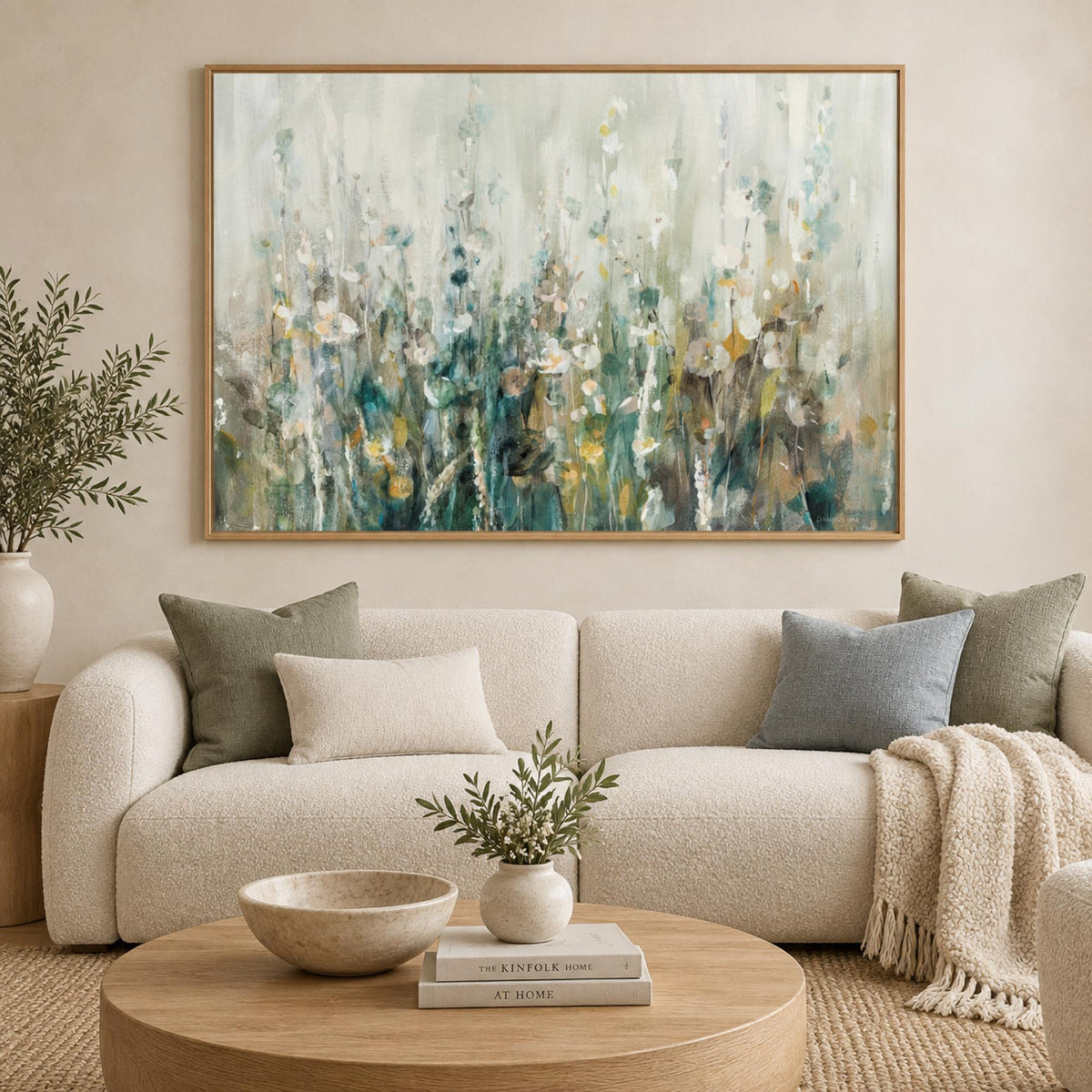 Wildflower Field wall art centred above a cream sofa