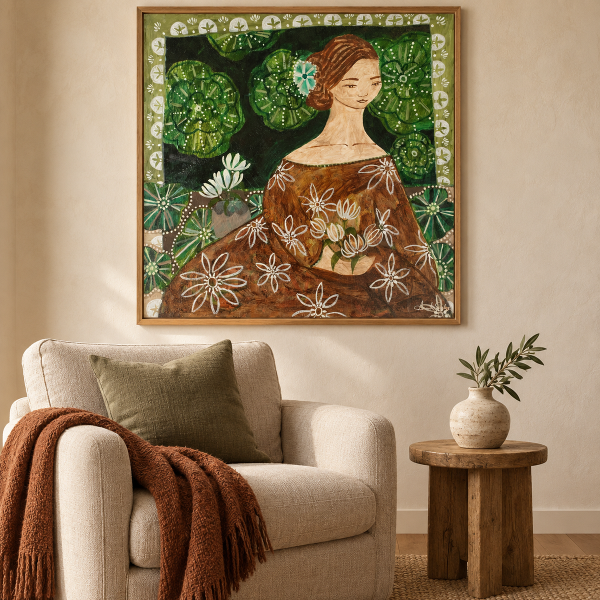 Willahmena wall art in an earthy cottage-modern reading corner