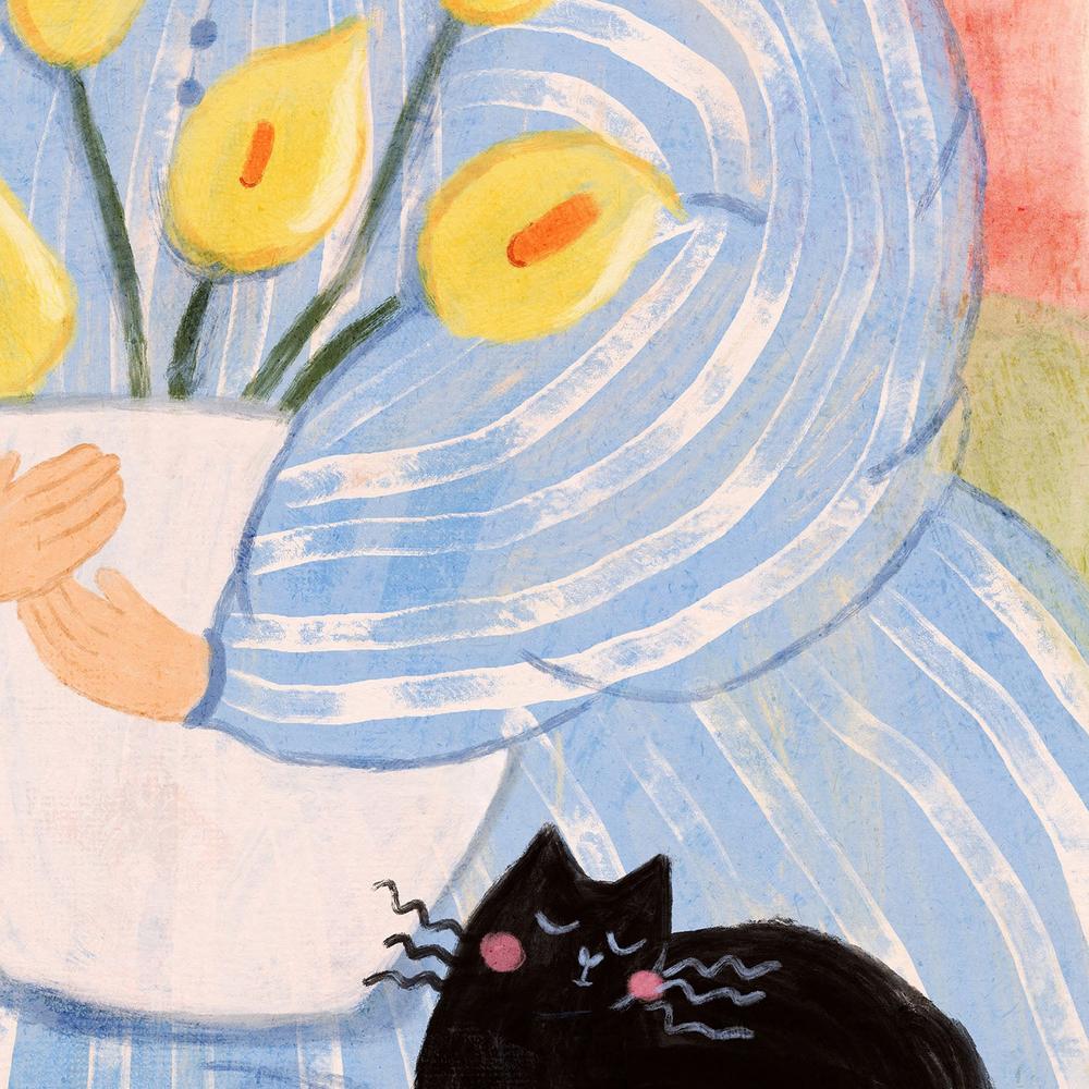 Woman With Flowers And Cat-by-Dirkie Nell-wall-art-print-canvas-poster-framed-Gioia