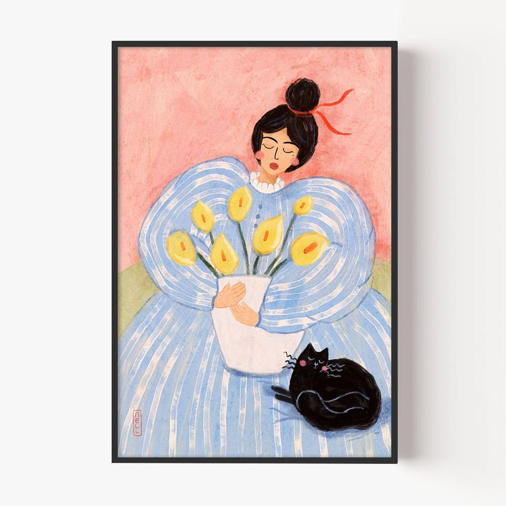 Woman With Flowers And Cat-by-Dirkie Nell-wall-art-print-canvas-poster-framed-Gioia