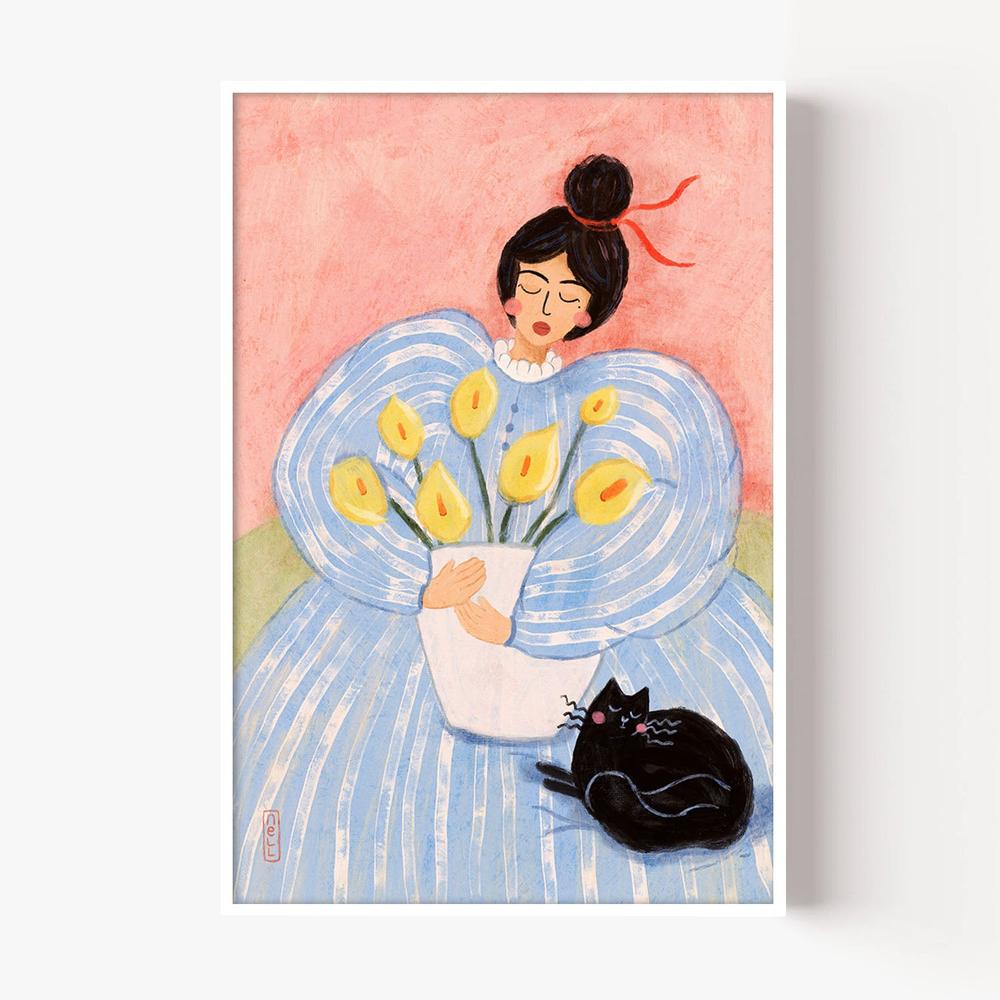 Woman With Flowers And Cat-by-Dirkie Nell-wall-art-print-canvas-poster-framed-Gioia