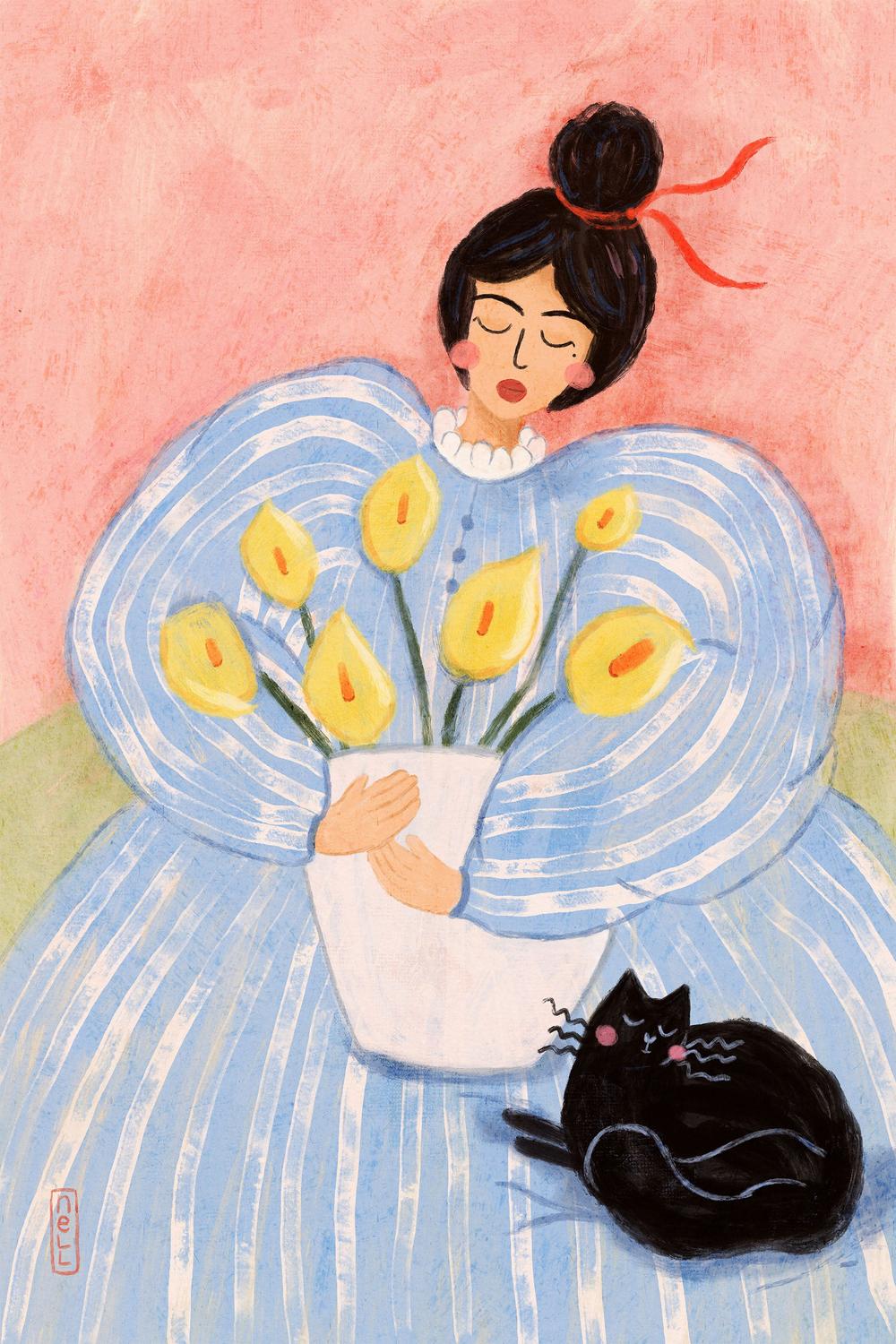 Woman With Flowers And Cat-by-Dirkie Nell-wall-art-print-canvas-poster-framed-Gioia