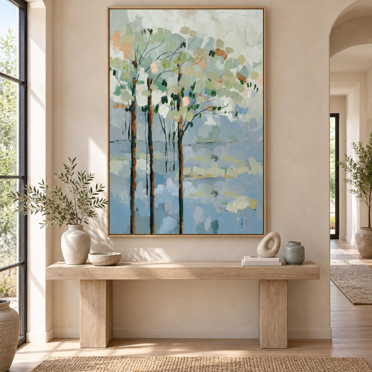 Woods of Tranquility in an oak floating frame above a contemporary hallway console