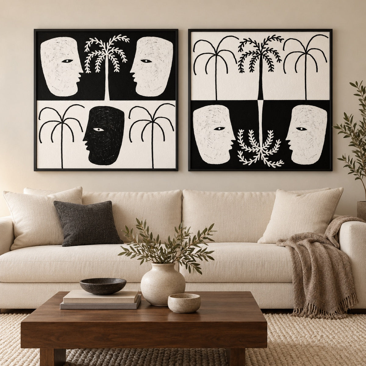 Yearning Style A and B set of two by Shatha Al Dafai in black frames above a cream sofa with walnut furniture.