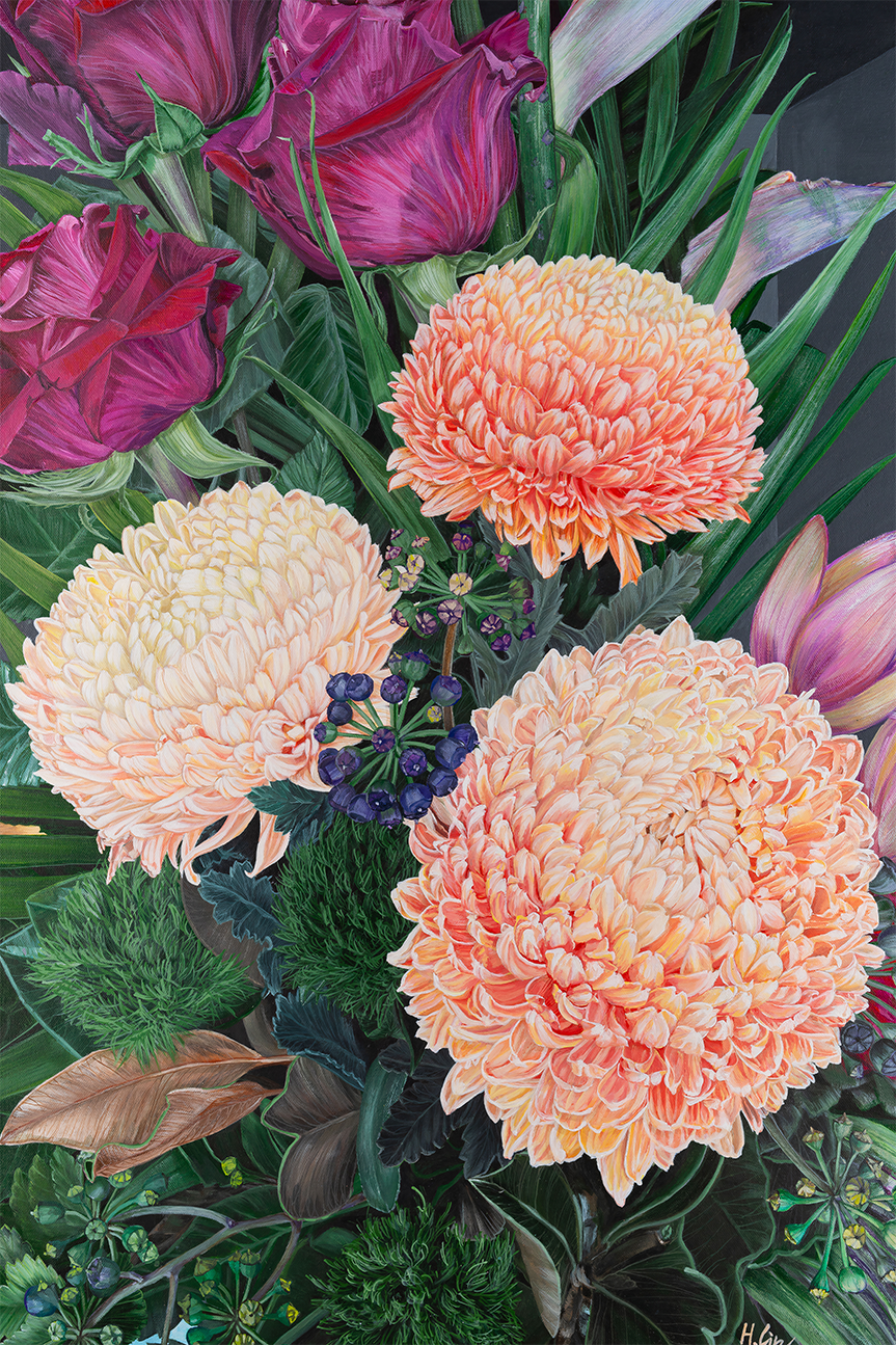 Chrysanthemums, Roses and Green Ball Dianthus , By Hsin Lin