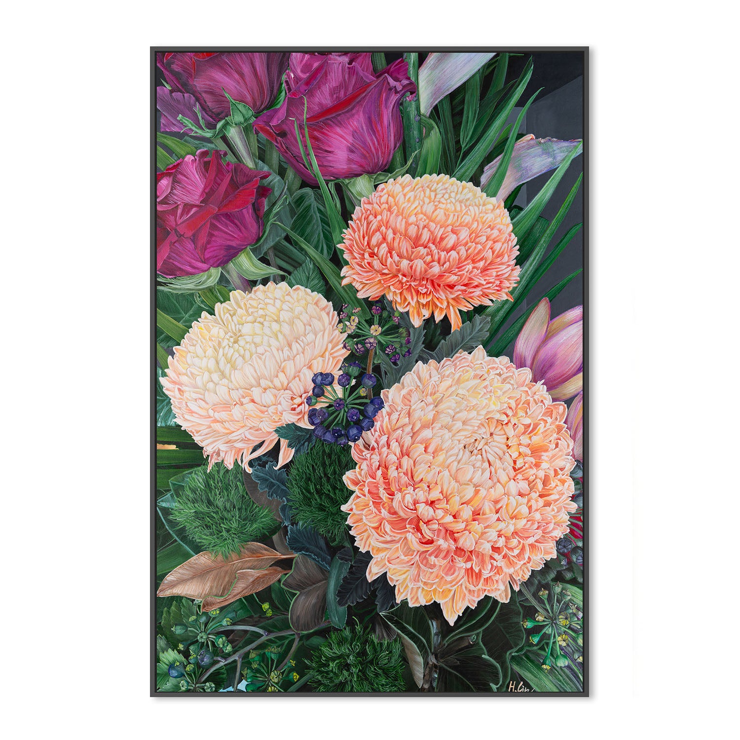 Chrysanthemums, Roses and Green Ball Dianthus , By Hsin Lin