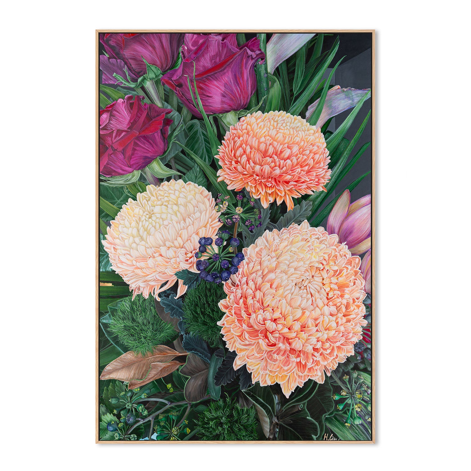 Chrysanthemums, Roses and Green Ball Dianthus , By Hsin Lin
