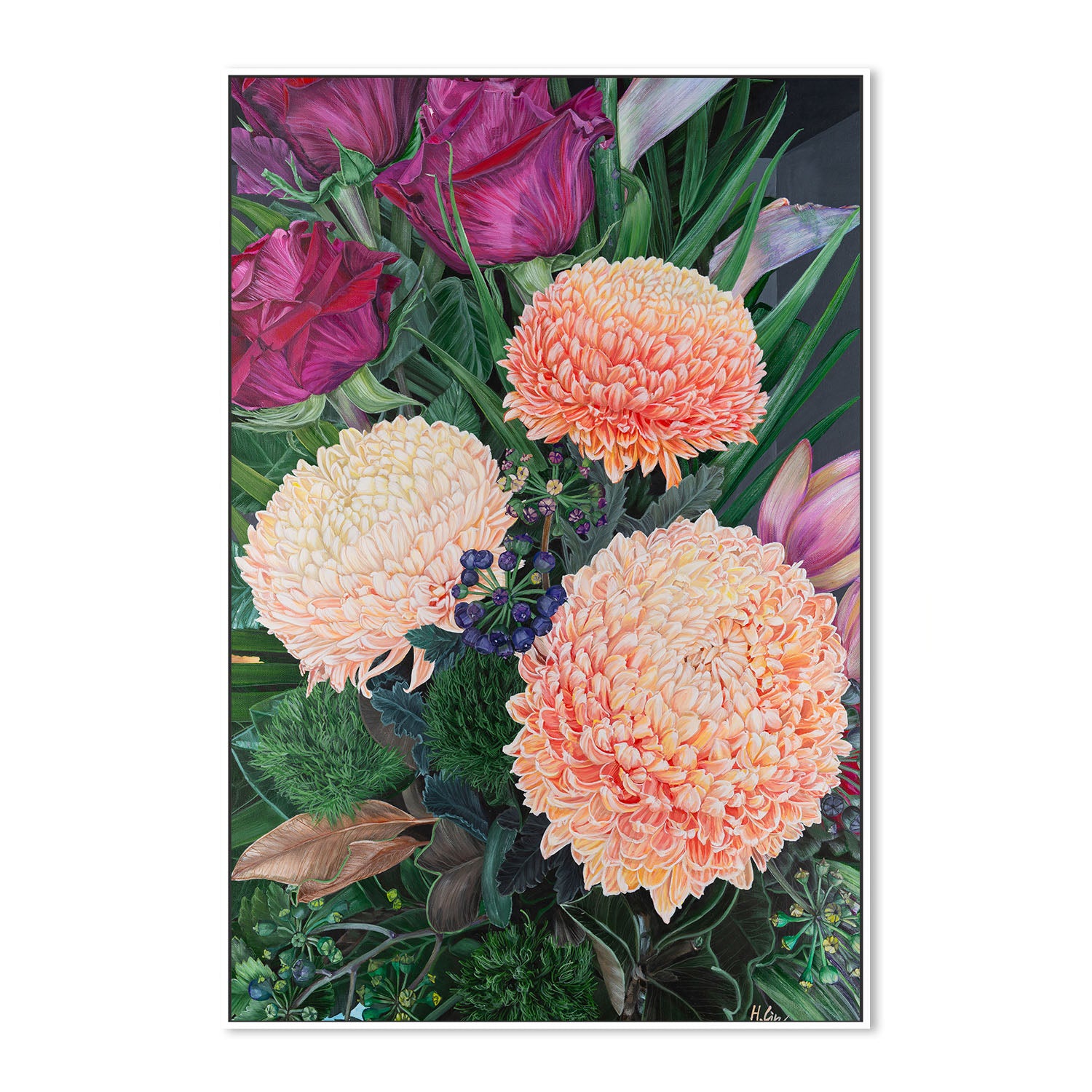 Chrysanthemums, Roses and Green Ball Dianthus , By Hsin Lin