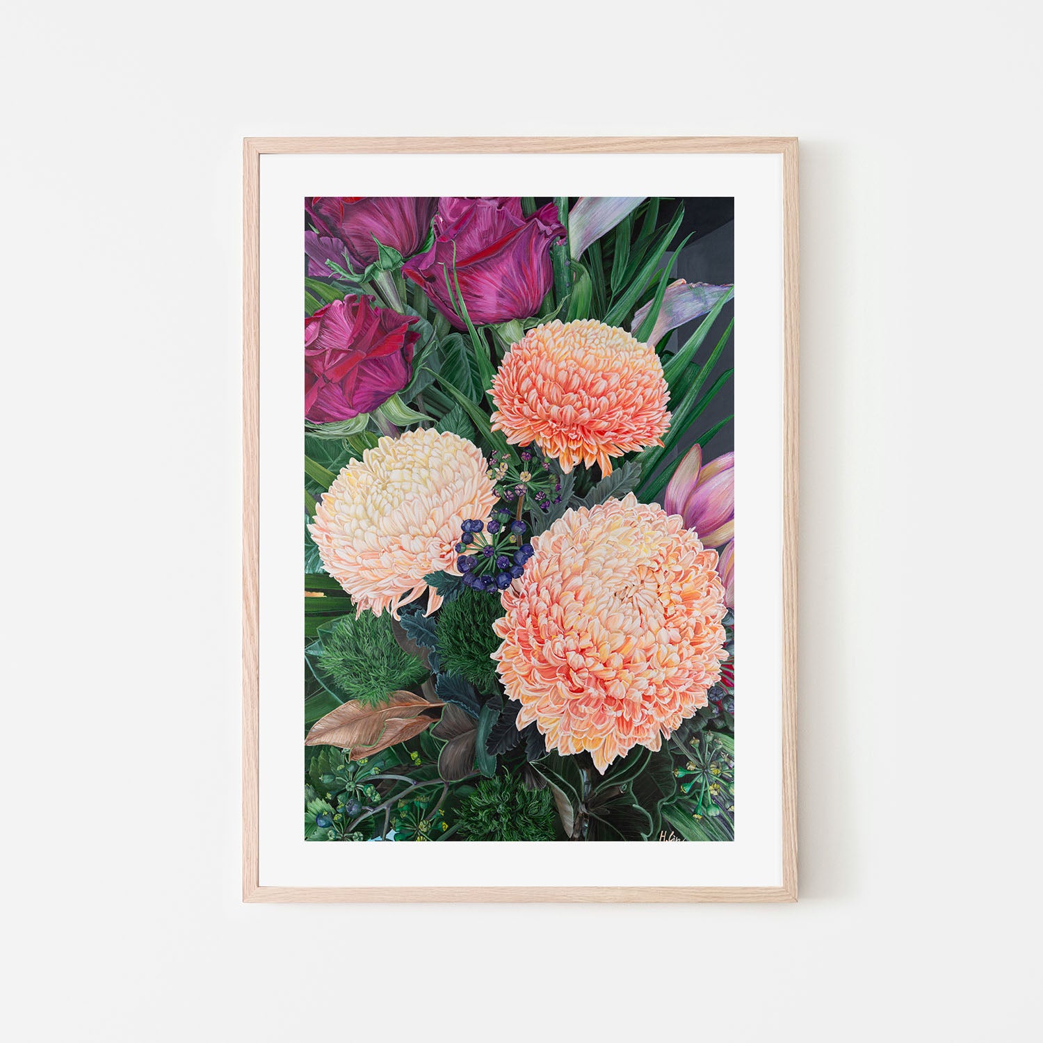 Chrysanthemums, Roses and Green Ball Dianthus , By Hsin Lin