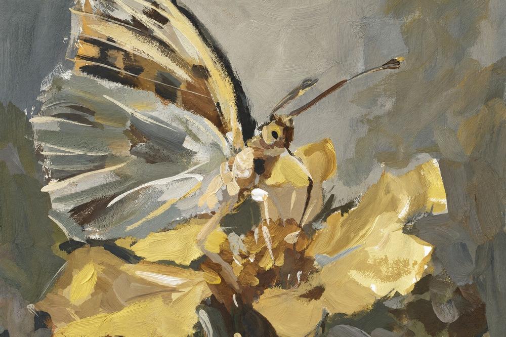 Butterfly on Golden Bloom, hand-painted canvas