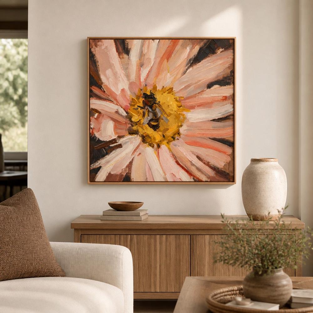Bee on Blush Daisy, hand-painted canvas