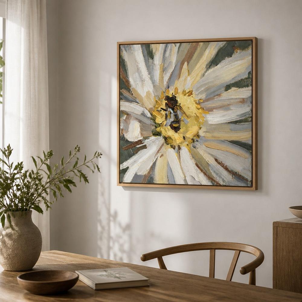 Bee on Ivory Daisy, hand-painted canvas