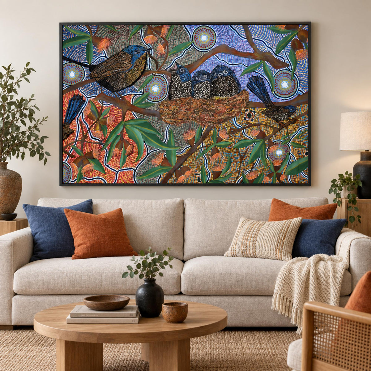 6 Seasons Dreaming wall art centred above a contemporary sofa