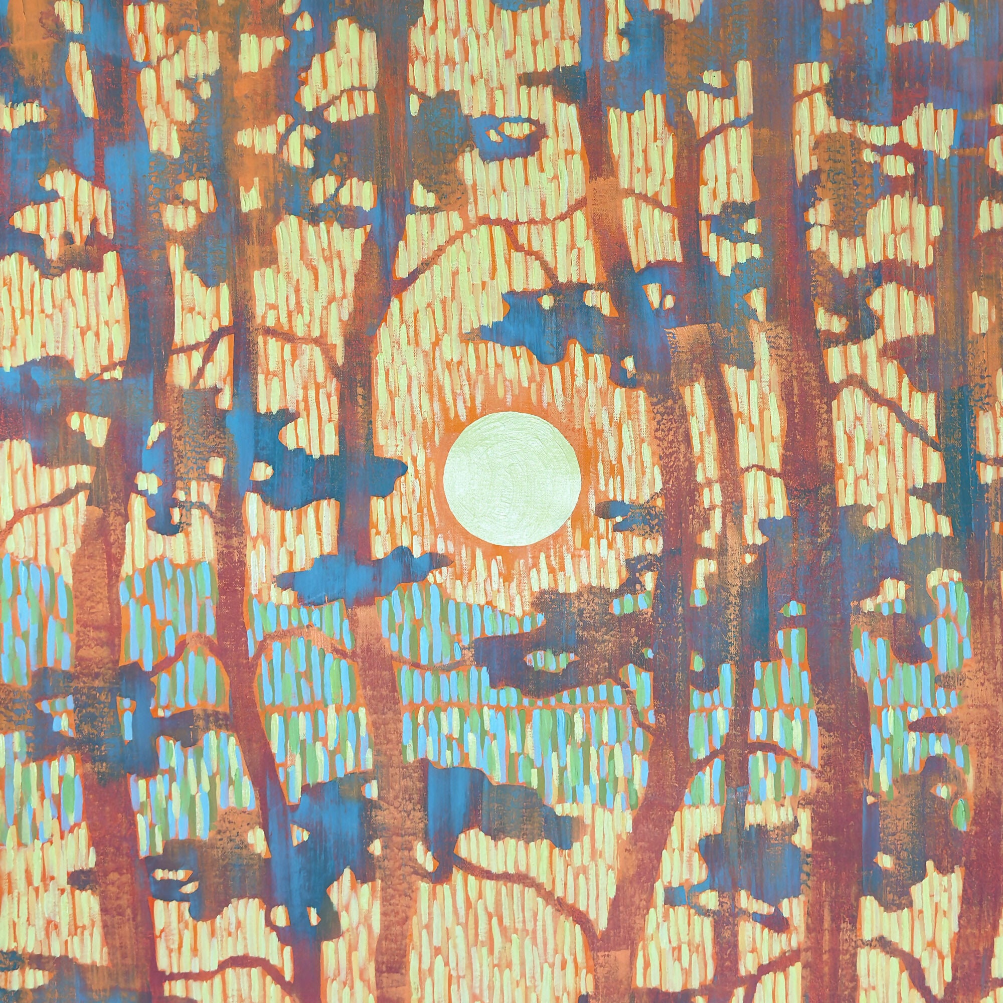 Sunset Between Blue Pines - Original painting