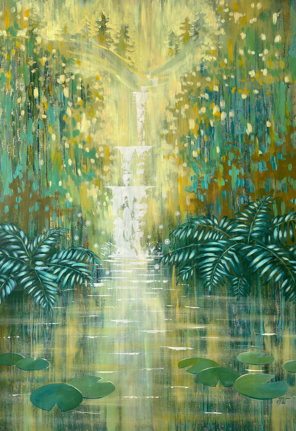 Sparkling Waterfall by an Emerald Forest Pond - Original Artwork
