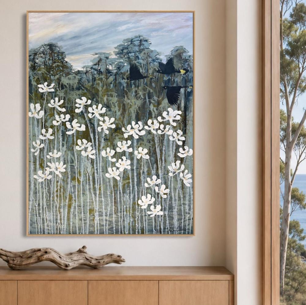 Black Cockatoos over the Flannel Flowers-by-Naomi Crowther Original Artwork-original art-Gioia