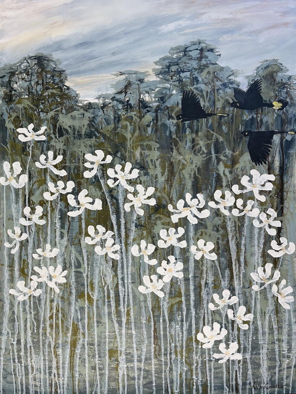 Black Cockatoos over the Flannel Flowers-by-Naomi Crowther Original Artwork-original art-Gioia