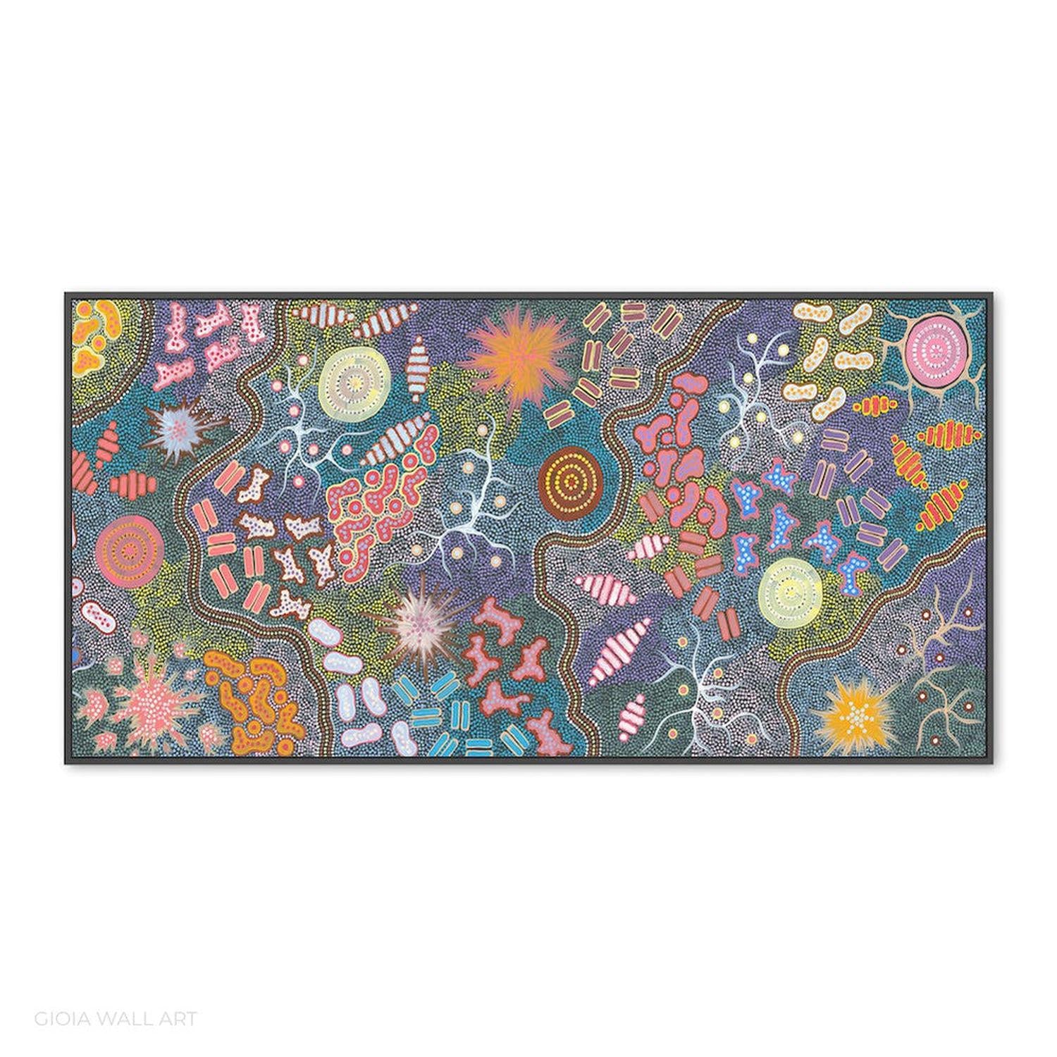Waterhole Bush Tucker Dreaming, Acrylic on Canvas, 68x170cm