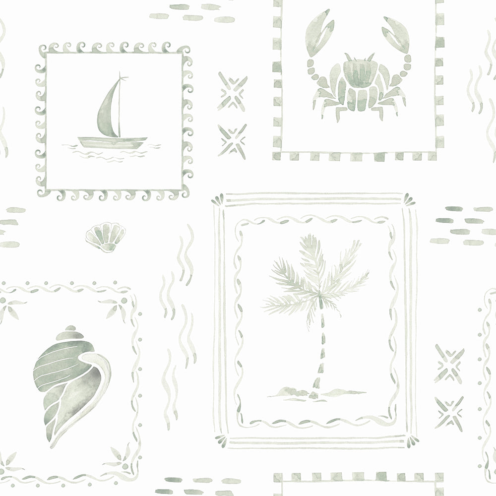 Coastal Stamps On Faded Palm Green-wallpaper-eco-friendly-easy-removal-Gioia Wall Art-1