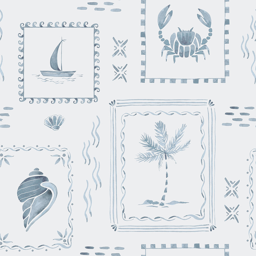 Coastal Stamps On Mineral Blue-wallpaper-eco-friendly-easy-removal-Gioia Wall Art-1