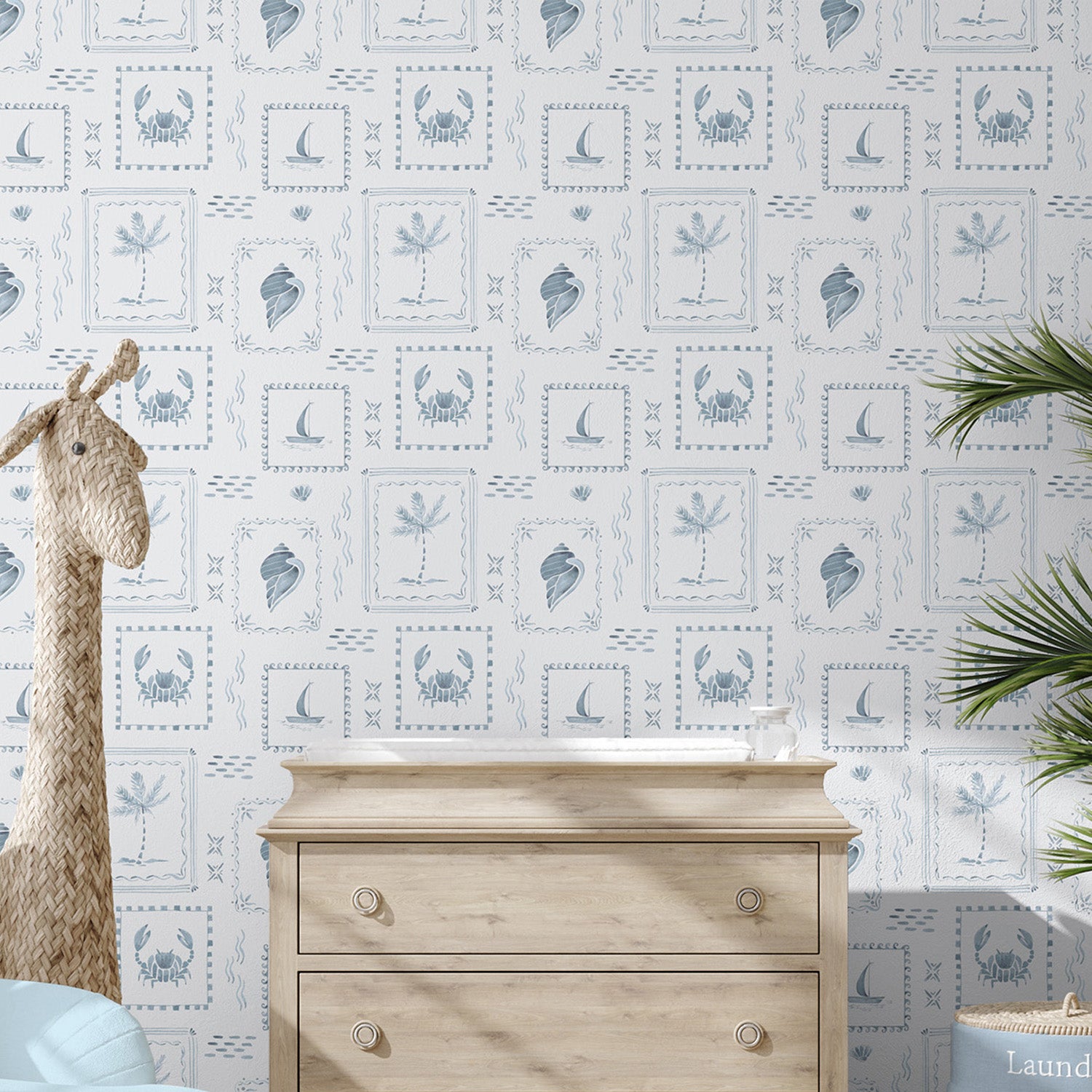 Coastal Stamps On Mineral Blue-wallpaper-eco-friendly-easy-removal-Gioia Wall Art-2