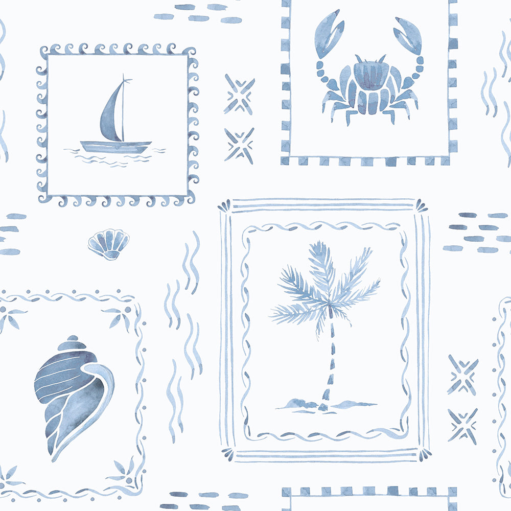 Coastal Stamps On Powder Blue-wallpaper-eco-friendly-easy-removal-Gioia Wall Art-1