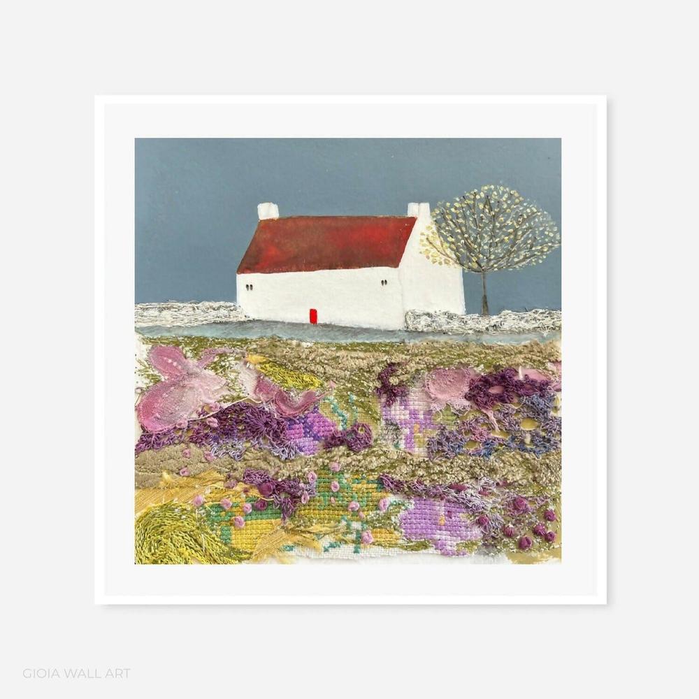 Cross Stitch Cottage, Mixed Media On Paper, 40x40cm with frame, By Louise O'Hara , Original Artwork-by-Louise O’hara-original art-Gioia