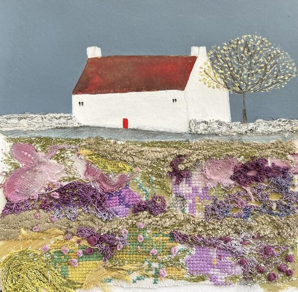 Cross Stitch Cottage, Mixed Media On Paper, 40x40cm with frame, By Louise O'Hara , Original Artwork-by-Louise O’hara-original art-Gioia