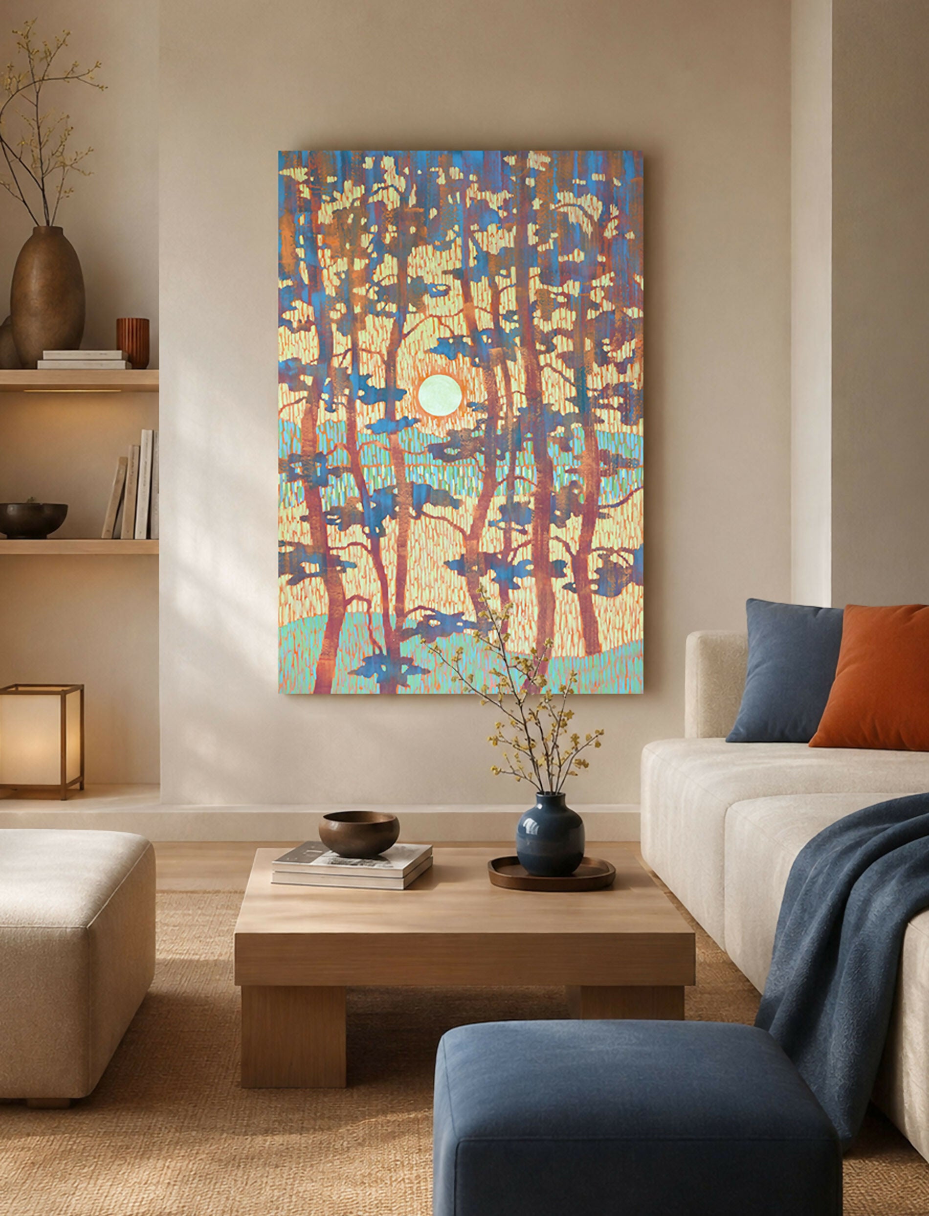 Sunset Between Blue Pines - Original painting