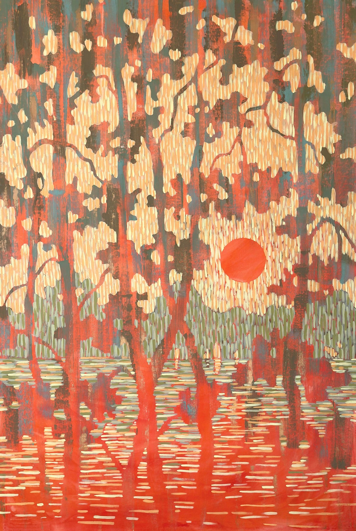 Orange Sunset over the Forest Lake - Original Painting