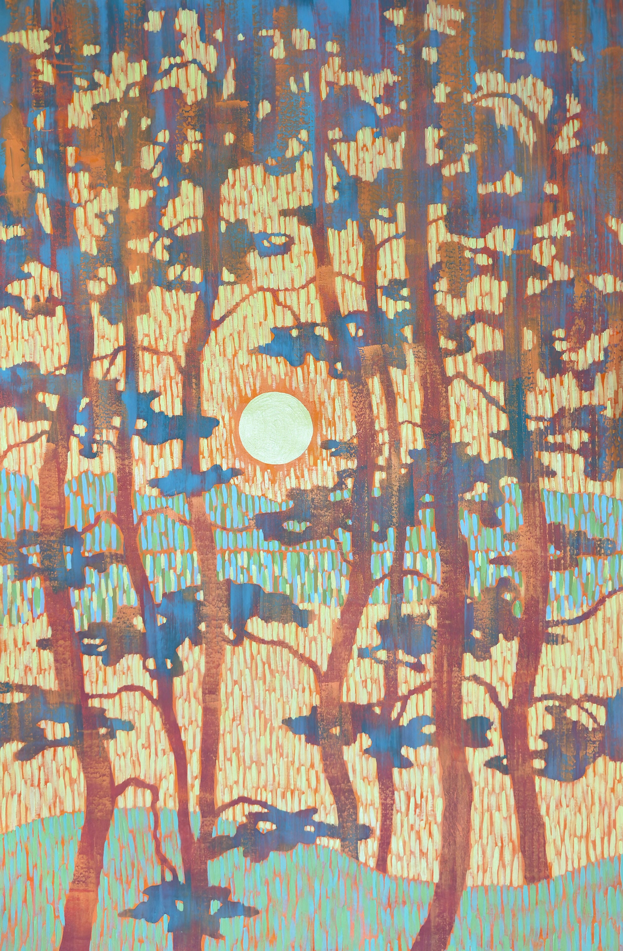 Sunset Between Blue Pines - Original painting