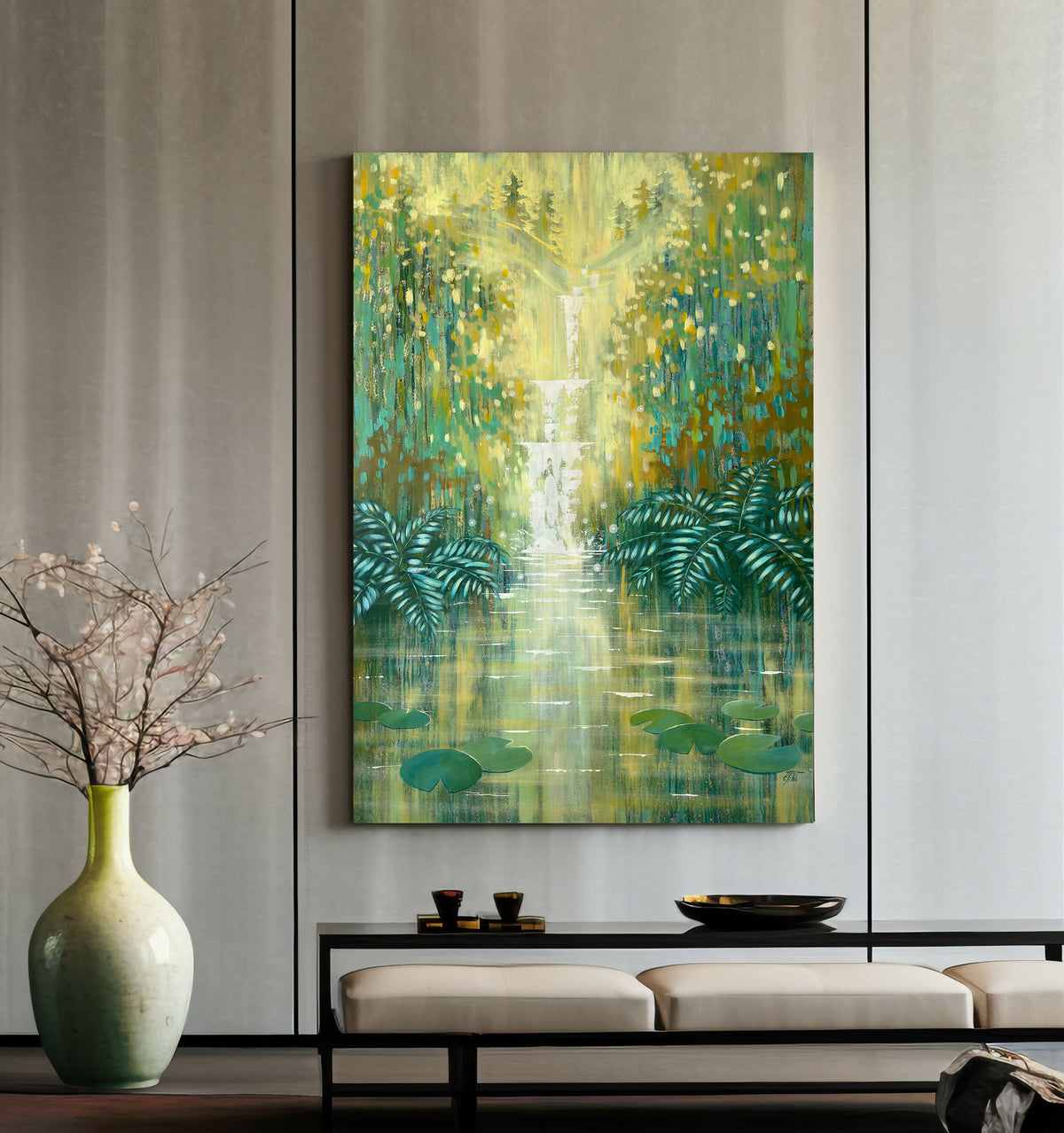Sparkling Waterfall by an Emerald Forest Pond - Original Artwork
