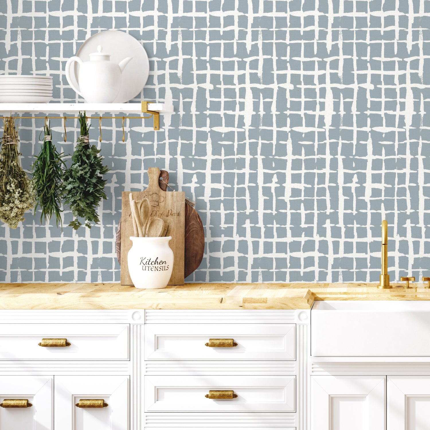 Farmhouse Flea Market Pattern Blue, Wallpaper