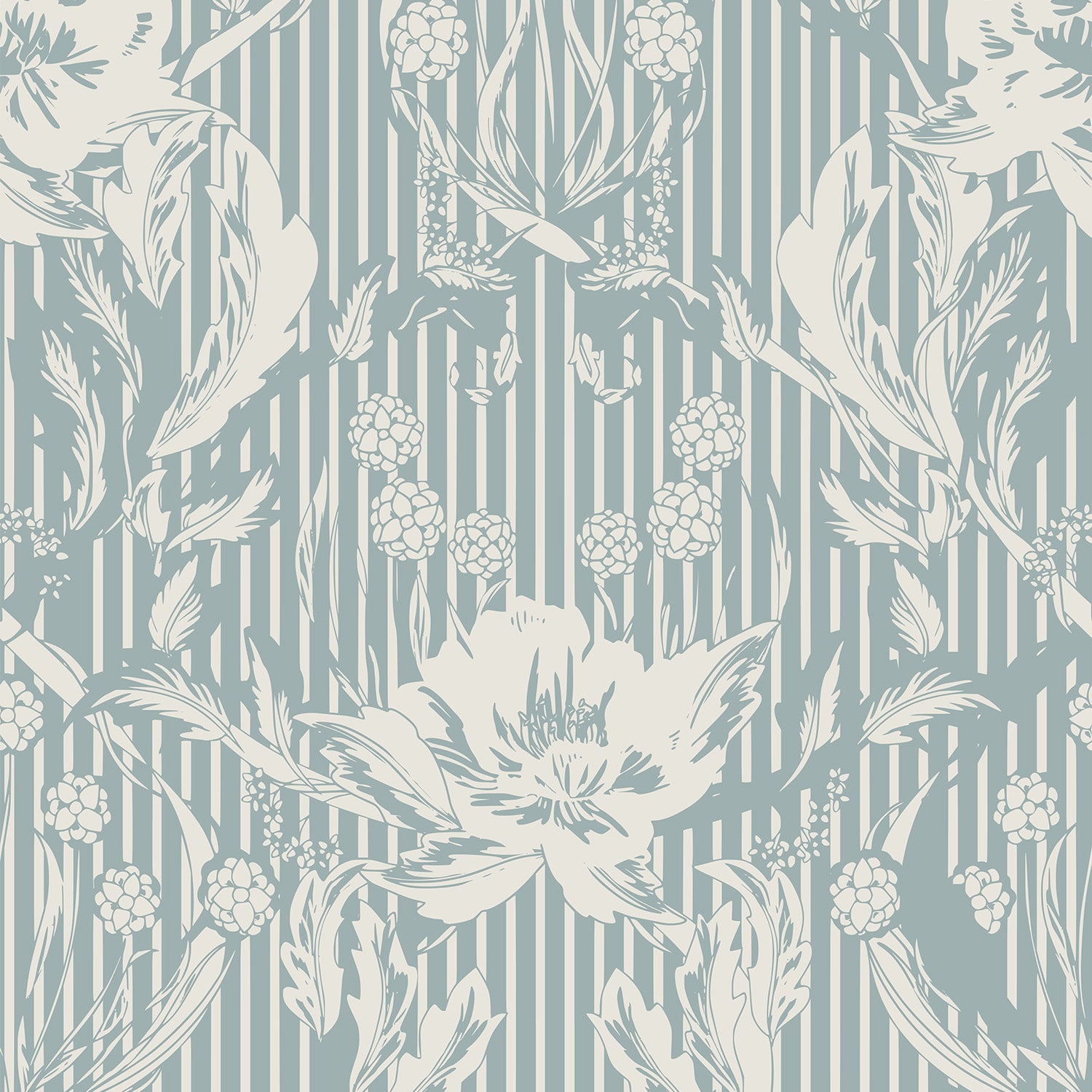 Floral Heritage Morris monochrome stripes chalky blue pattern
