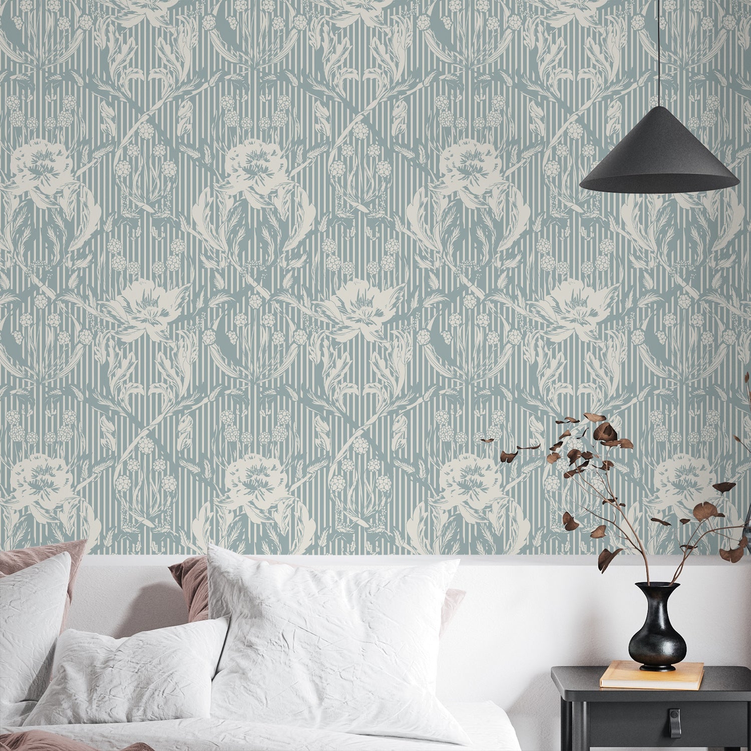 Floral Heritage Morris monochrome stripes chalky blue pattern