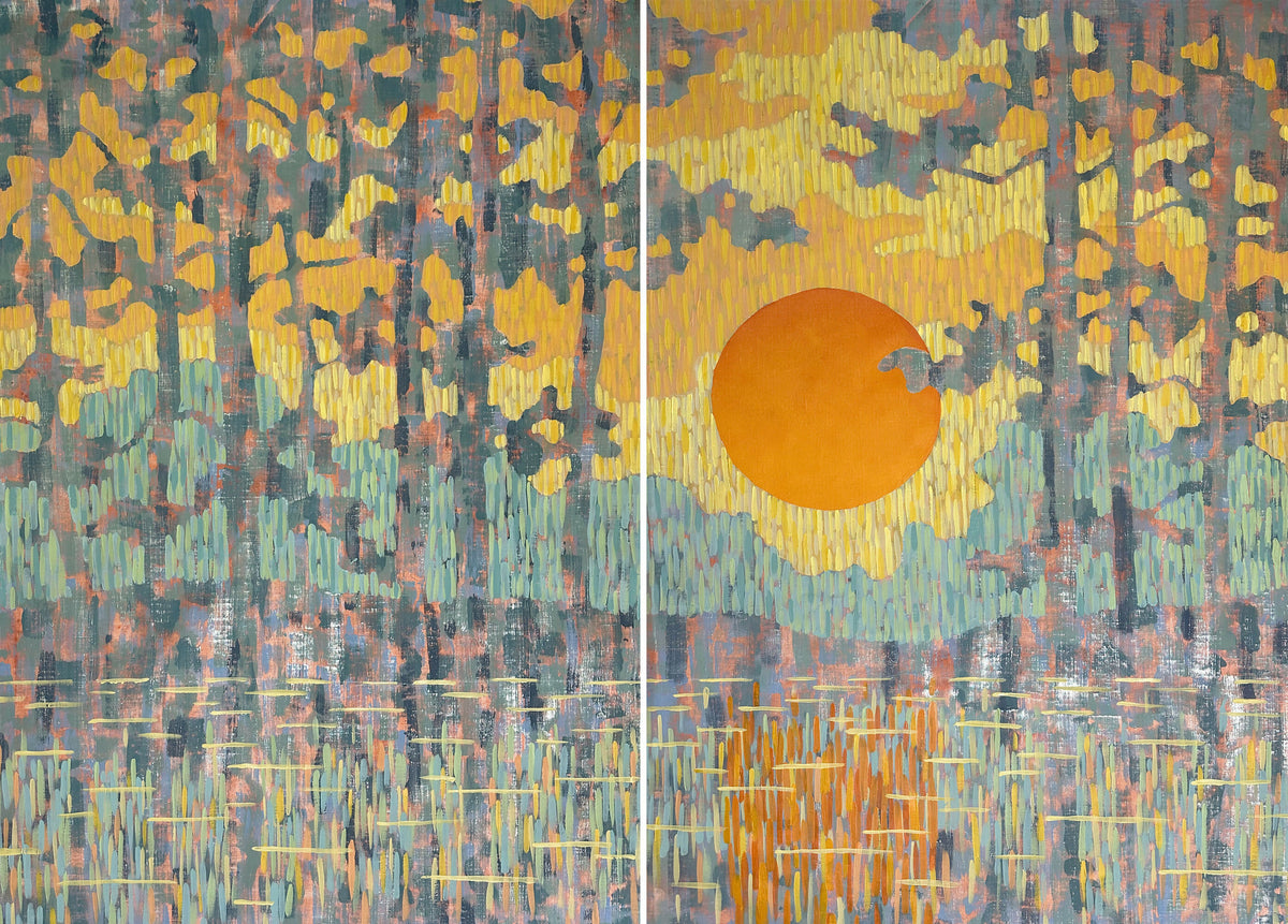 Pine Coast at Sunset. Diptych / Set of 2 Original Artworks