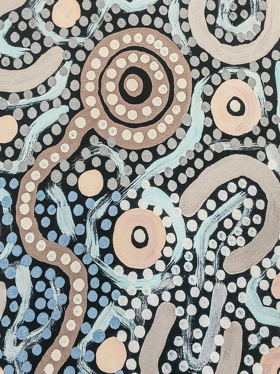 Women's Gathering Bushtucker, Blue tone, By Azeza Possum,90x180cm, white frame