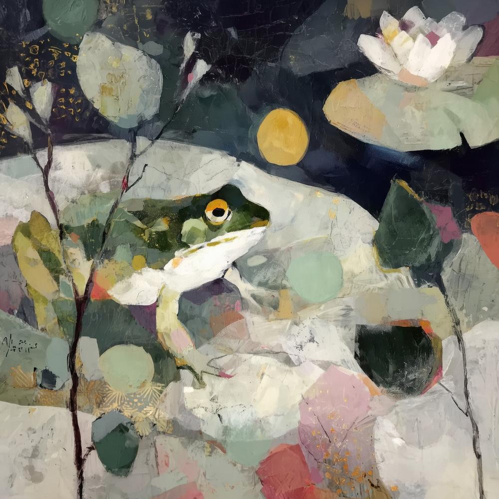 Frog on Lily Pad Under Night Moon
