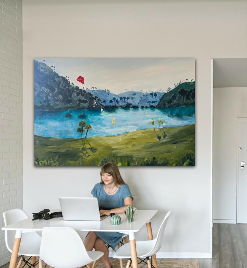 Kite Flying and Mountains, Original Hand-Painted Canvas By Meredith Howse-by-Meredith Howse-original art-Gioia