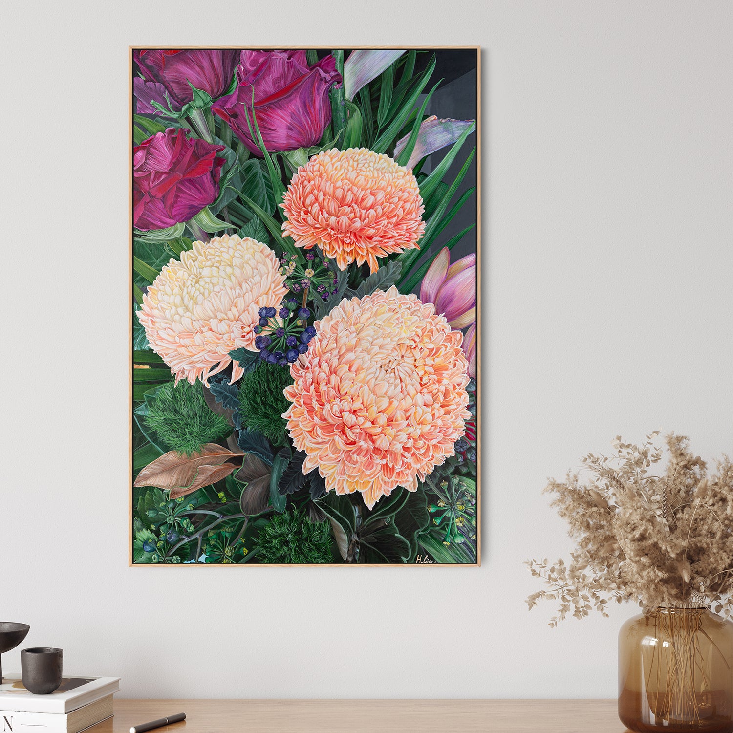 Chrysanthemums, Roses and Green Ball Dianthus , By Hsin Lin