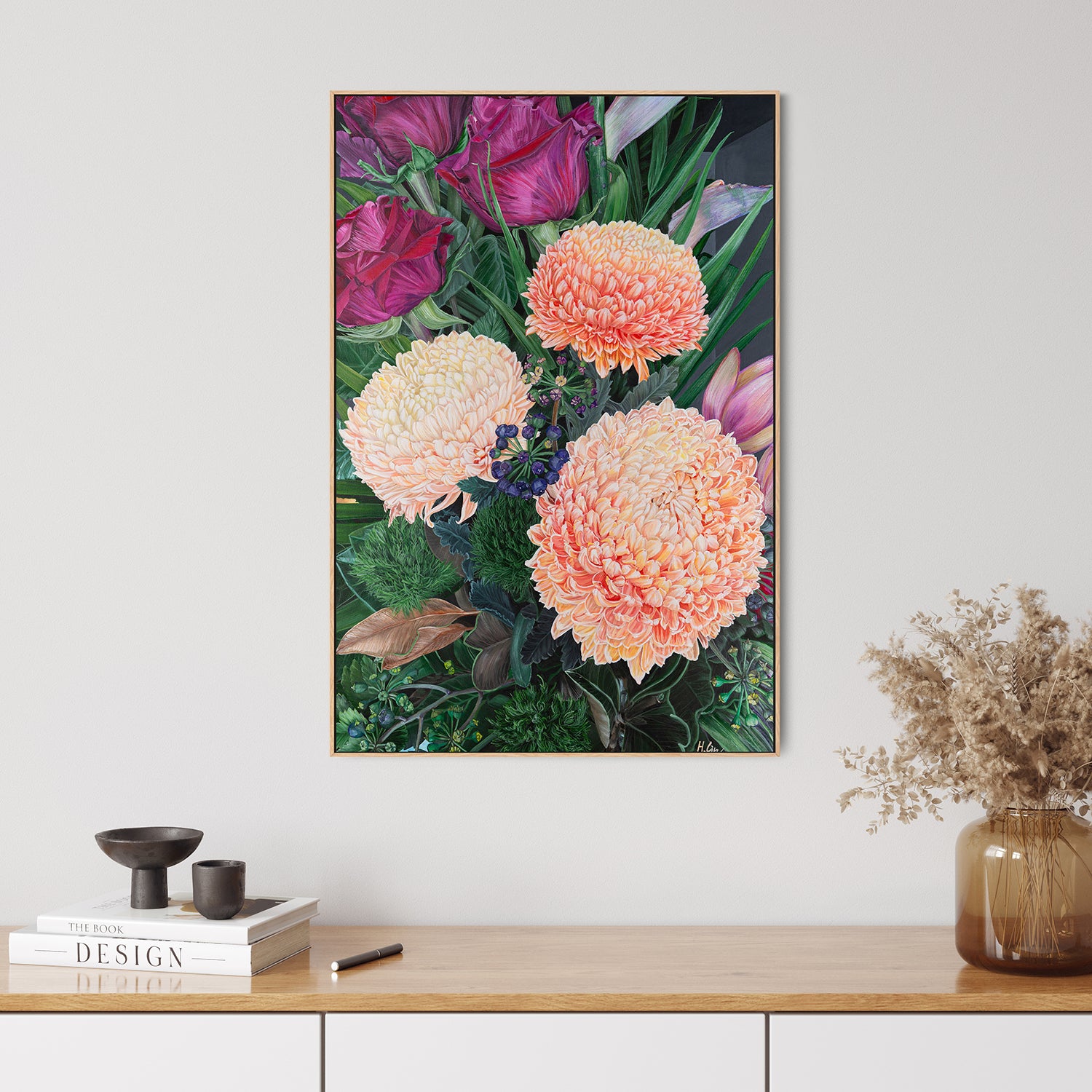 Chrysanthemums, Roses and Green Ball Dianthus , By Hsin Lin
