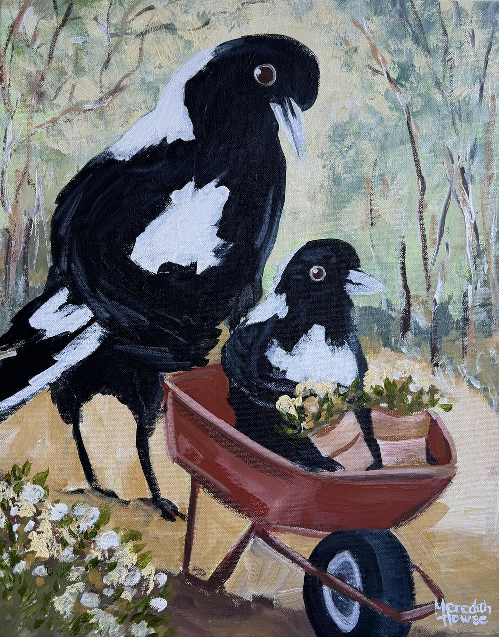 Magpies Garden-by-Meredith Howse-original art-Gioia