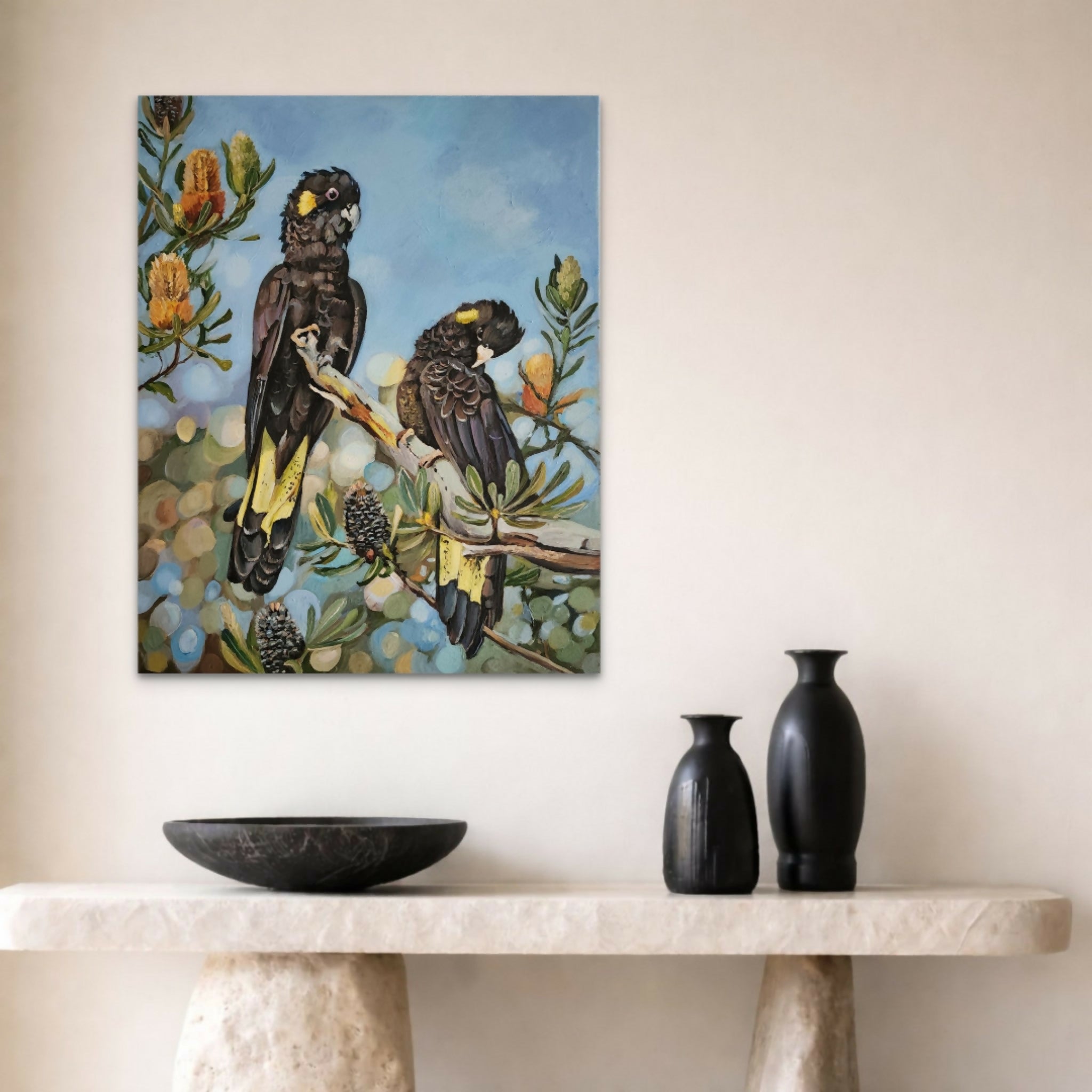 Black Cockatoos with Banksia