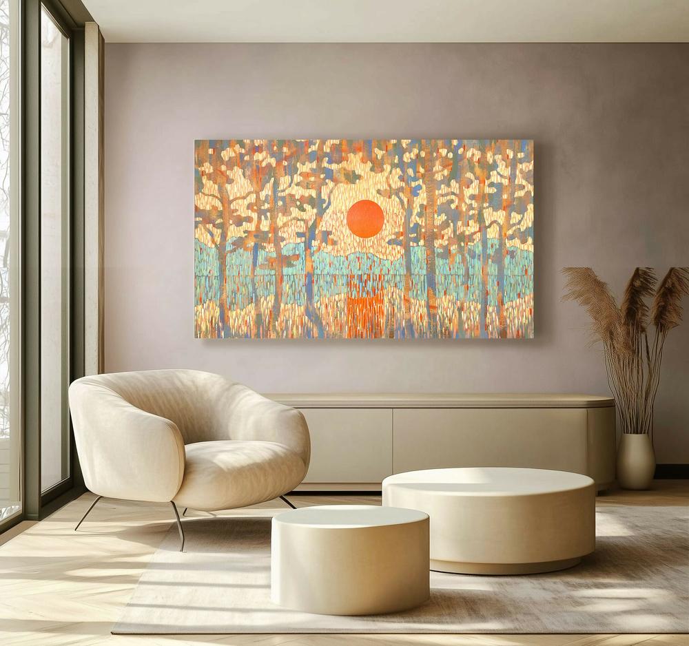 Orange Sun Over the Lake - Original Painting-by-Ekaterina Prisich Original Art-original art-Gioia