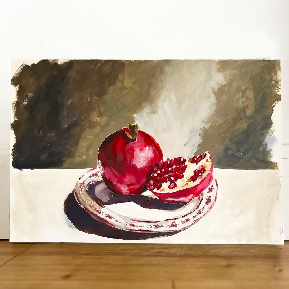 Pomegranate on Vintage Plate , Original Artwork-by-Lucrecia Caporale-original art-Gioia