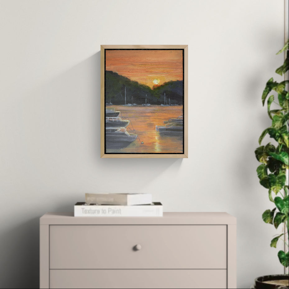 The Boats in the Bay at Sunset , Original Artwork